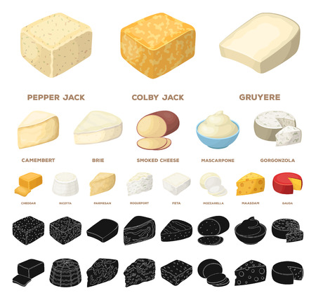 Different kind of cheese cartoon, black icons in set collection for design.Milk product cheese vector symbol stock web illustration.のイラスト素材