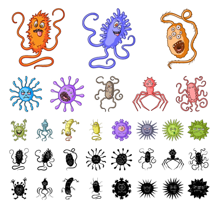 Types of funny microbes cartoon, black icons in set collection for design. Microbes pathogenic vector symbol stock web illustration.のイラスト素材