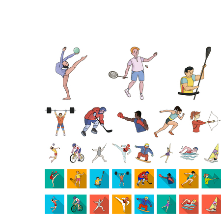 Different kinds of sports cartoon,flat icons in set collection for design. Athlete, competitions vector symbol stock web illustration.のイラスト素材