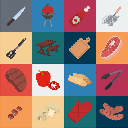 Barbecue and equipment cartoon icons in set collection for design. Picnic and fried food vector symbol stock  illustration.のイラスト素材