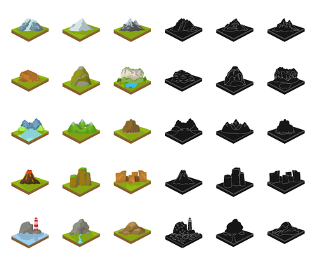 Mountains, massive cartoon,black icons in set collection for design. The surface of the earth vector isometric symbol stock  illustration.のイラスト素材