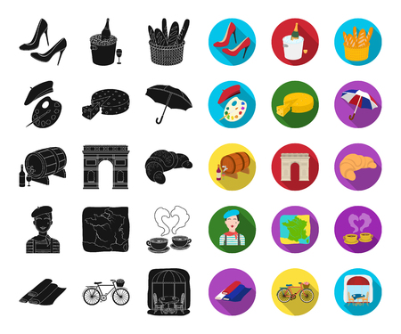 Country France black,flat icons in set collection for design. France and landmark vector symbol stock web illustration.のイラスト素材