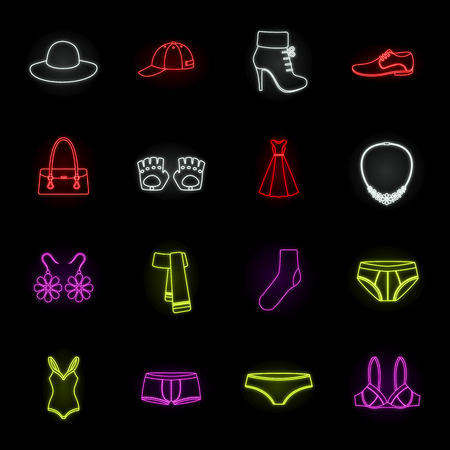 Clothes and accessories neon icons in set collection for design. Shoes and decoration vector symbol stock illustration.のイラスト素材