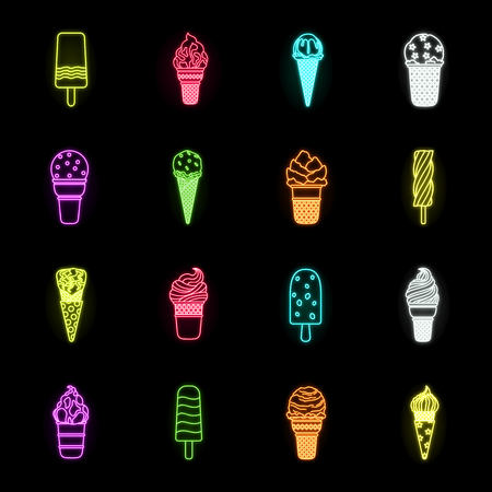 Different ice cream neon icons in set collection for design. Dessert and sweetness vector symbol stock web illustration.のイラスト素材