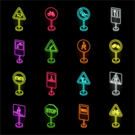 Different types of road signs neon icons in set collection for design. Warning and prohibition signs vector symbol stock web illustration.のイラスト素材