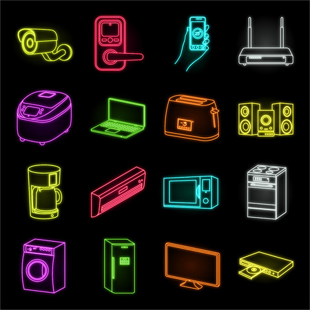 Smart home appliances neon icons in set collection for design. Modern household appliances vector symbol stock illustration.のイラスト素材