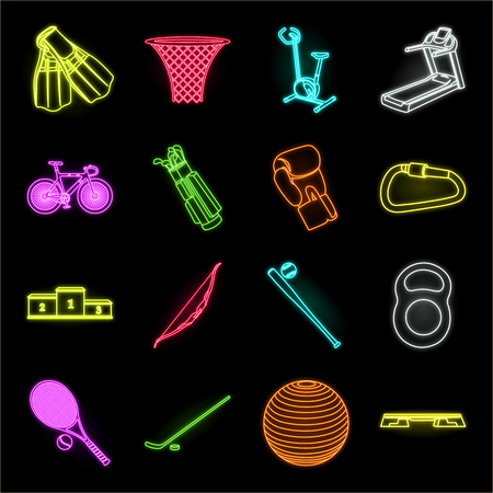 Different kinds of sports neon icons in set collection for design. Sport equipment vector symbol stock web illustration.のイラスト素材
