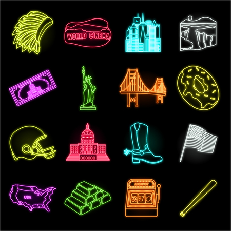 USA country neon icons in set collection for design.Travel and attractions vector symbol stock web illustration.のイラスト素材