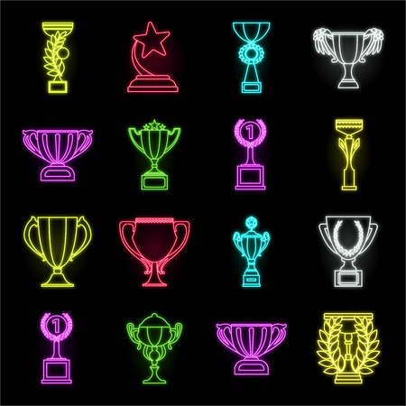 Gold Cup neon icons in set collection for design. Winners Cup vector symbol stock web illustration.のイラスト素材