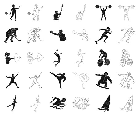 Different kinds of sports black,outline icons in set collection for design. Athlete, competitions vector symbol stock web illustration.のイラスト素材