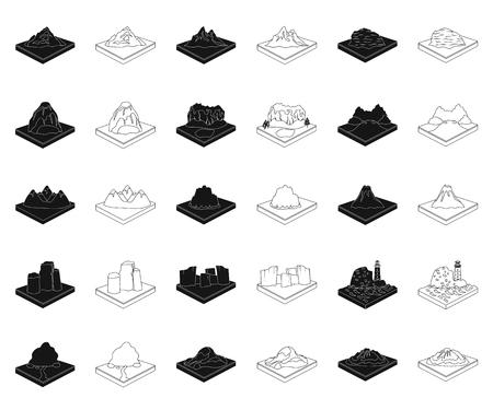 Mountains, massive black,outline icons in set collection for design. The surface of the earth vector isometric symbol stock web illustration.のイラスト素材
