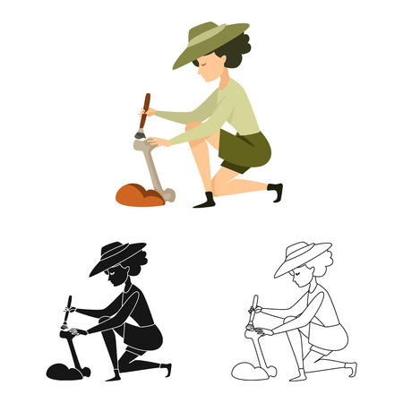 Vector illustration of archaeologist  and girl logo. Set of archaeologist  and pit vector icon for stock.のイラスト素材