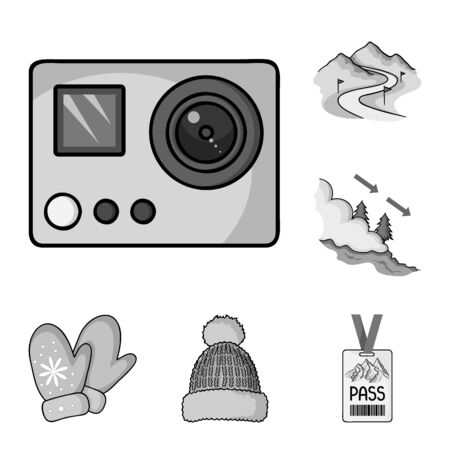 Ski resort and equipment monochrome icons in set collection for design. Entertainment and recreation bitmap symbol stock web illustration.の写真素材