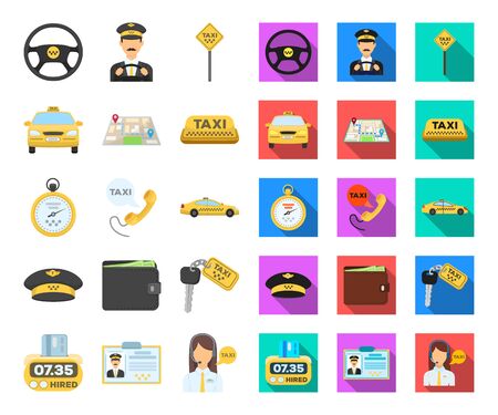 Taxi service cartoon,flat icons in set collection for design. Taxi driver and transport bitmap symbol stock web illustration.の写真素材