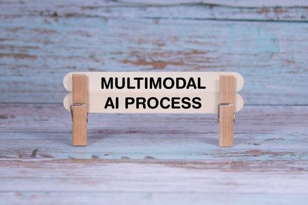 Concept words Multimodal , Ai Process , Double Wooden Stick Clothespin Blue Grunge Wooden Texture...
