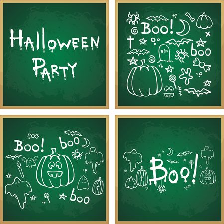 Halloween hand drawn cartoon picture white chalk on a blackboard, vector illustrationのイラスト素材