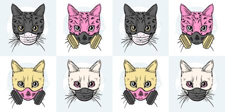 Vector cat in a viral mask and a respiratorのイラスト素材