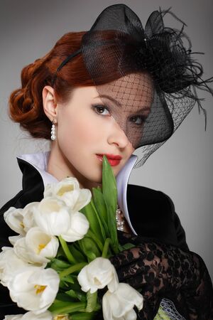 Portrait beautiful  girl in retro styleの写真素材