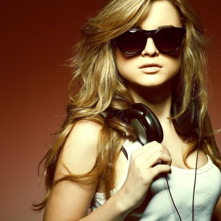 Beautiful girl with headphonesの写真素材