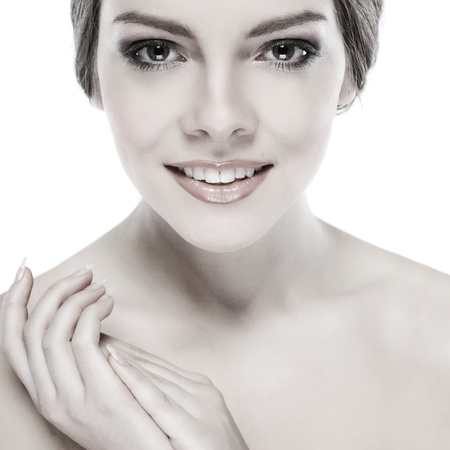 Portrait of beautiful temnovolosoy girl, isolated on a white background, emotions, cosmeticsの写真素材