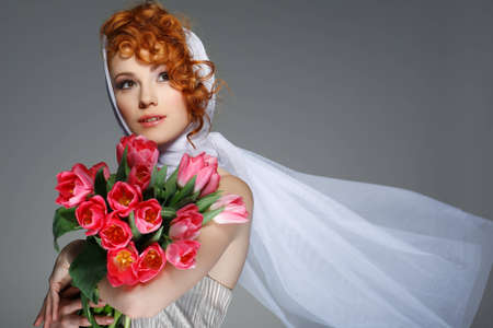 Portrait beautiful redheaded  girl in retro styleの写真素材