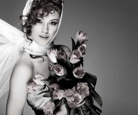 Portrait beautiful redheaded  girl in retro styleの写真素材