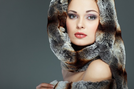 A photo of sexual beautiful girl is in fur clothesの写真素材