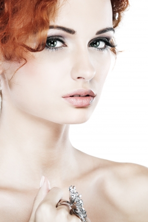 Red hair. Fashion girl portrait.Accessorys.Isolated on a white backgroundの写真素材