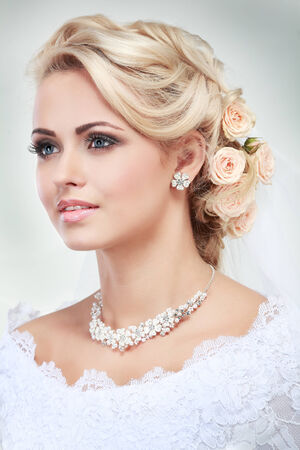 Portrait of beautiful bride. Wedding dress. Wedding decorationの写真素材