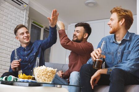 Men watching sport on tv together at home giving fiveの写真素材