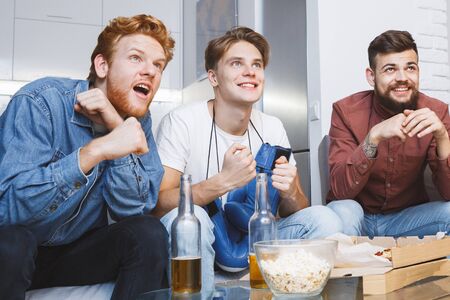 Men watching sport on tv together at home boxingの写真素材