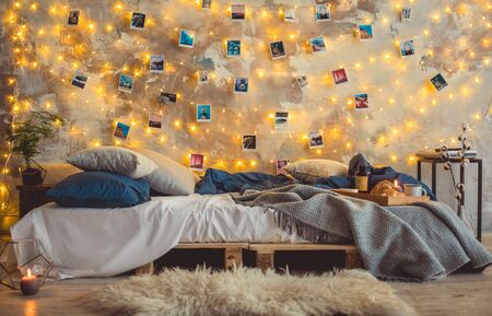 Decorated bedroom no people stylish cozy interiorの写真素材