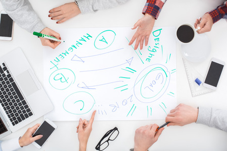 Group of men and women work together top view close-up mind map sharing creative ideas making...
