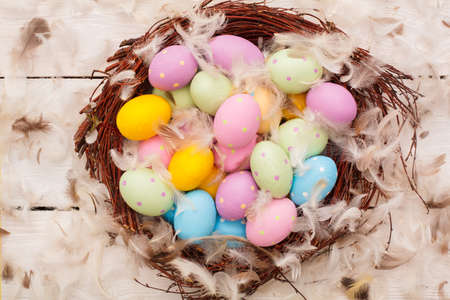 Easter objects colorful eggs isolated on wooden background in a nest covered with bird feathers top...