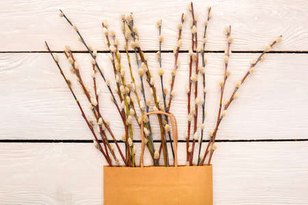 Willow branches in a paper bag celebration objects holiday purchase top viewの写真素材