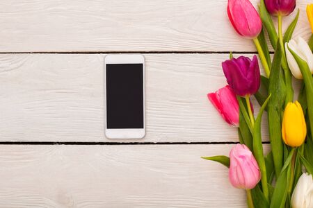 Spring decorations flowers isolated on wooden floor and smartphone copyspaceの写真素材