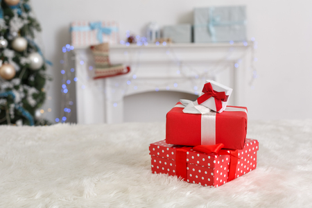 New Year. Decorated room no people gifts stack close-up blurred bakgroundの写真素材