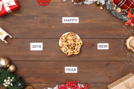 Happy New Year 2019. Plate of cookies isolated on table top view close-upの写真素材