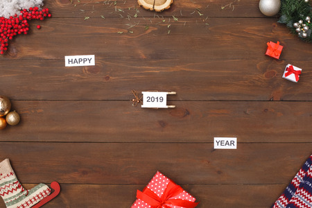 Happy 2019 Year. Objects isolated on table top view close-upの写真素材