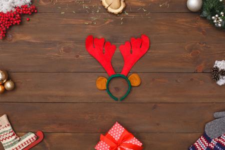 New Year. Deer antlers isolated on table top view close-upの写真素材