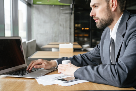 Businessperson on business lunch at restaurant sitting browsing laptop side viewの写真素材
