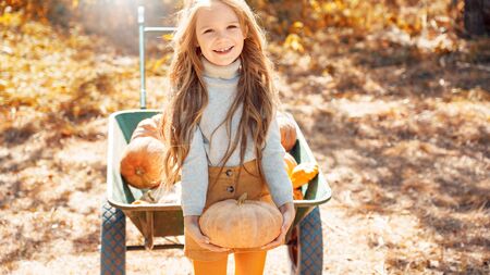 Young adult mother and daughter looking at carved pumpkin with smokeの写真素材