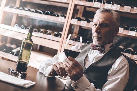 Sommelier Concept. Senior man sitting at table with glass of red wine looking aside pensive close-upの写真素材