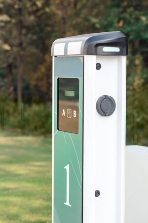 Elcetric car charging station isolated no people transportation side view close-upの写真素材
