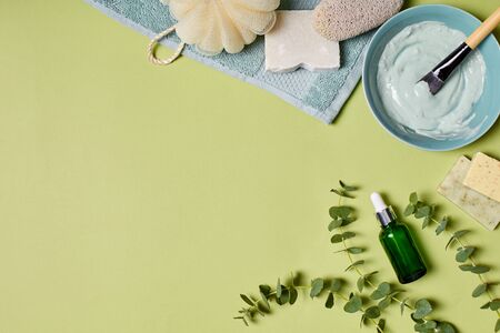Beauty tools taking care of appearance blue clay lactic acid soap sponges isolated on green background copy space for text or productの写真素材