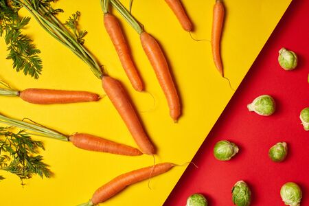 Brussels sprout and carrots isolated on yellow and red background healthy eatingの写真素材