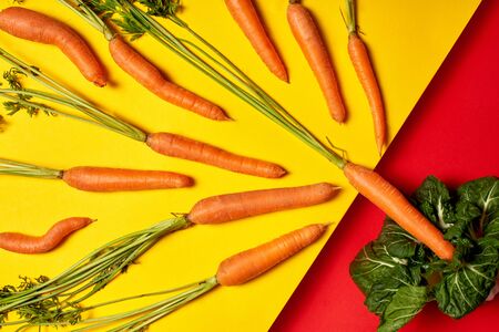 Many fresh orange carrots on isolated colored background laid out rhythmically, pattern on table. Creative look at food composition with copy space top view. Flat lay healthy natural concept. Eco, bioの写真素材