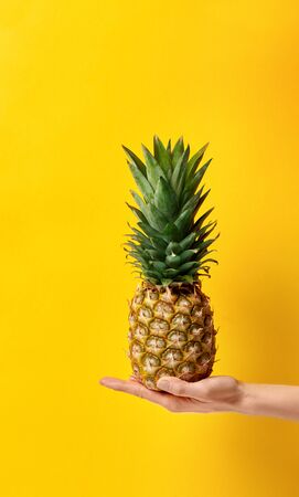Female hand holds ripe juicy organic asian pineapple. Creative fashion concept isolated on yellow summer fun background. Great photo for advertising fresh produce, fruits. Healthy idea for diet detox.の写真素材