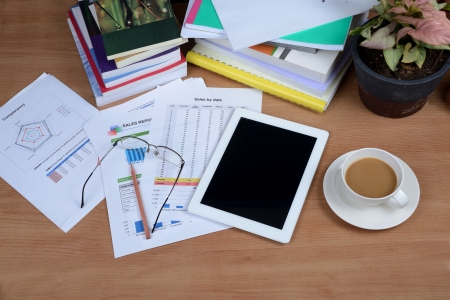 Working accessory on brown wooden desk の写真素材