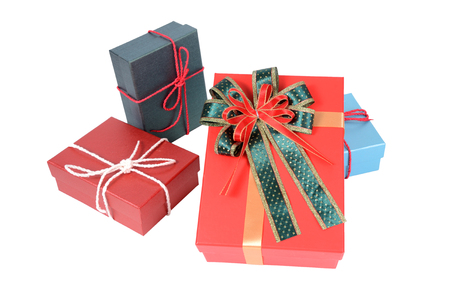 Four colorful gift boxes on white background.の写真素材